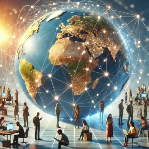 dall·e 2024 11 03 16.34.16 a photorealistic image representing the globalization of work. a large, detailed globe in the background with realistic networks and connections shown